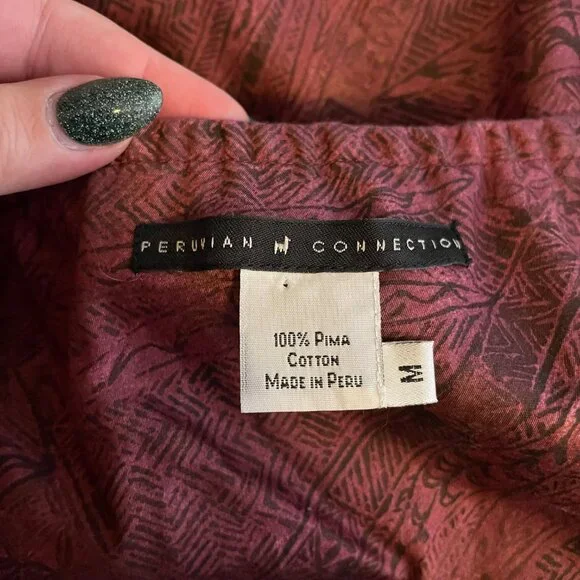 Peruvian Connection Women M Maroon Black Printed Dress Shoulder Tie Strap Cotton - Picture 9 of 9